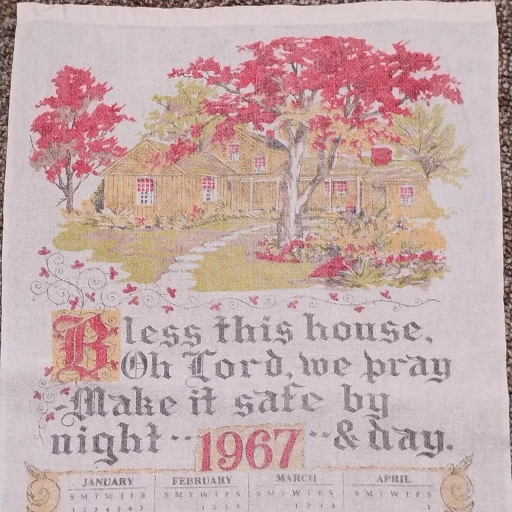 1967 Vintage Linen Calendar Kitchen Tea Towel 'Bless This House' 24